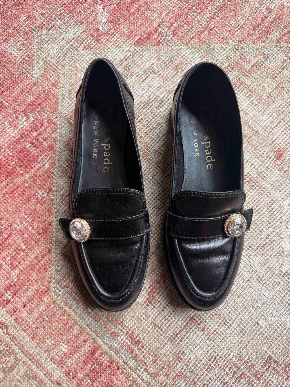kate spade Black Leather Loafers with Crystal Button Accent